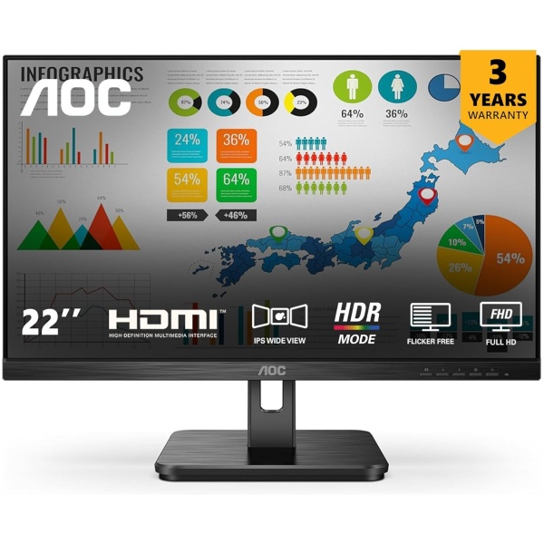 AOC 22" Full HD IPS Panel Frameless Monitor (100Hz), 22E2H